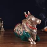 Brass Sitting Nandi Right Leg Raised Stonework - Sacred Bull Temple Art | Jaipurio